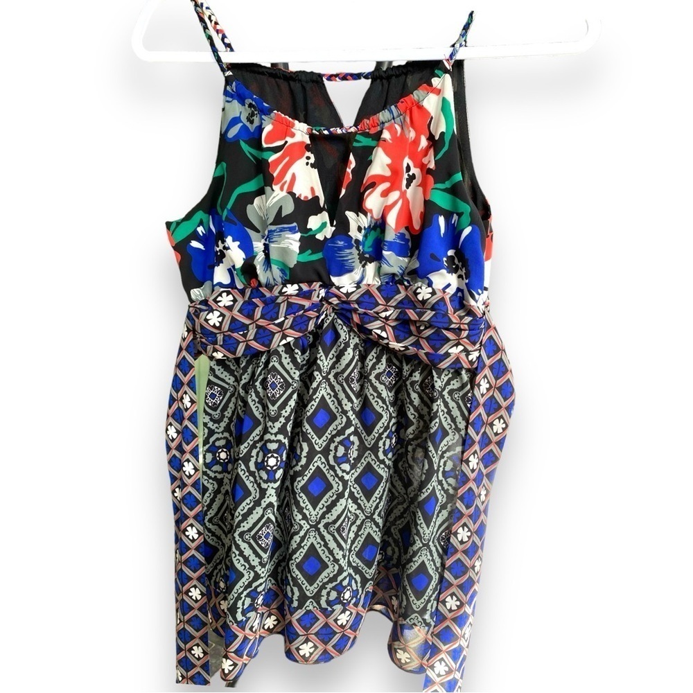 Eci New York Sleeveless Thin Strap Abstract Floral Fit Flare Babydoll Blouse